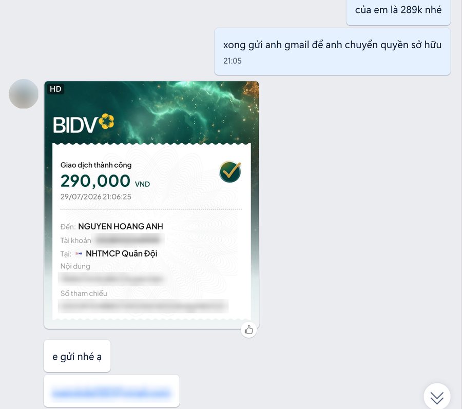 Khách chuyển 290.000đ, nhờ chuyển quyền sở hữu file